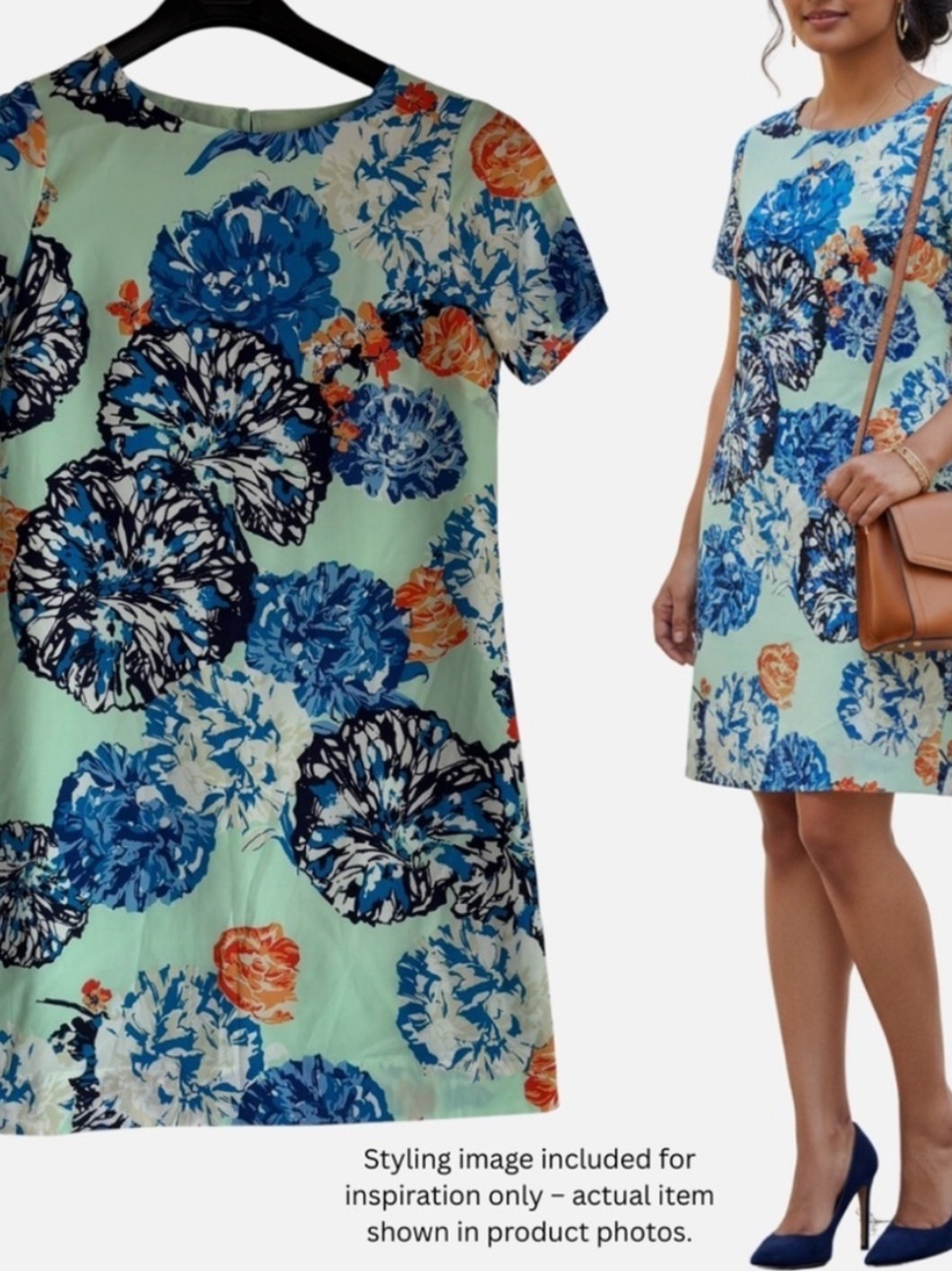 NEW Mint Green Bold Floral Print Shift Dress Above Knee Short Sleeve Elegant 2